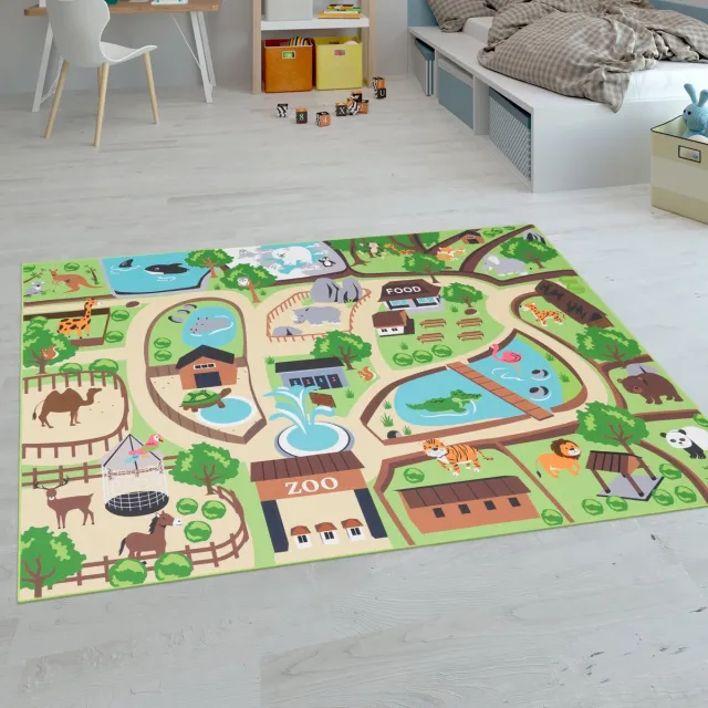 flycarpets Binola Kindervloerkleed Groen / Kleurrijk - Speelkleed / Speelmat Dierentuin - Laagpolig Vloerkleed Kinderkamer