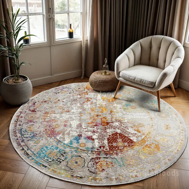Muratap Picasso Feraghan Vintage Rond Vloerkleed Multi / Beige Laagpolig Multikleur