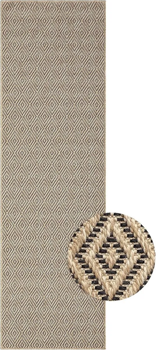 the carpet Kansas – Robuust In- & Outdoor Vloerkleed – Weerbestendig & Slijtvast – Ruitpatroon – Naturel – 60 x 180 cm