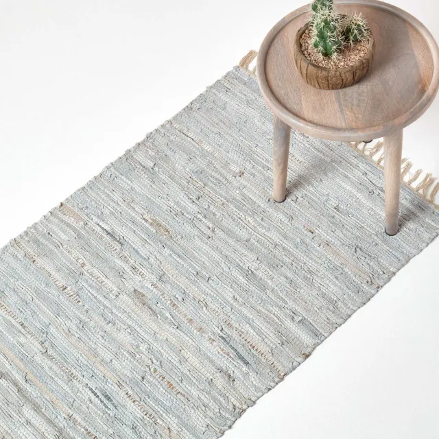 Homescapes Glitter leren tapijt zilver-natuur 66x200 cm, loper van gerecycled leer Zilver en natuurlijk