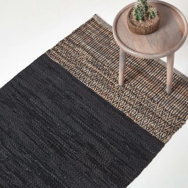 Homescapes Leren vloerkleed 150x240 cm – zwart patroon, gemaakt van gerecycled leer