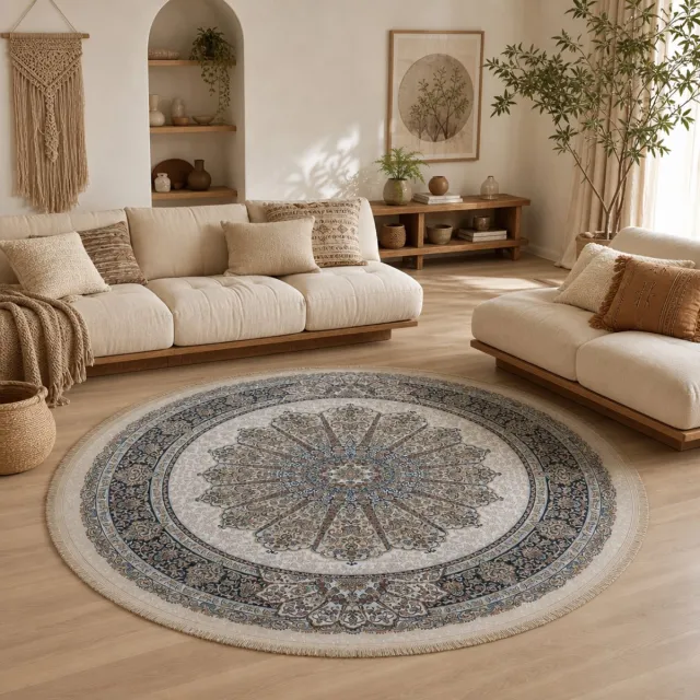 Muratap Star Rond Klassiek Oosters Vloerkleed Wasbaar Creme- 160 CM Ø