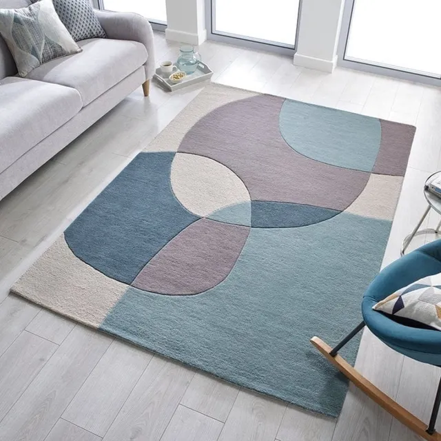 flycarpets Rado Glow Modern 3D Design - 100% Wol Vloerkleed - Grijs / Blauw - 120x170 cm