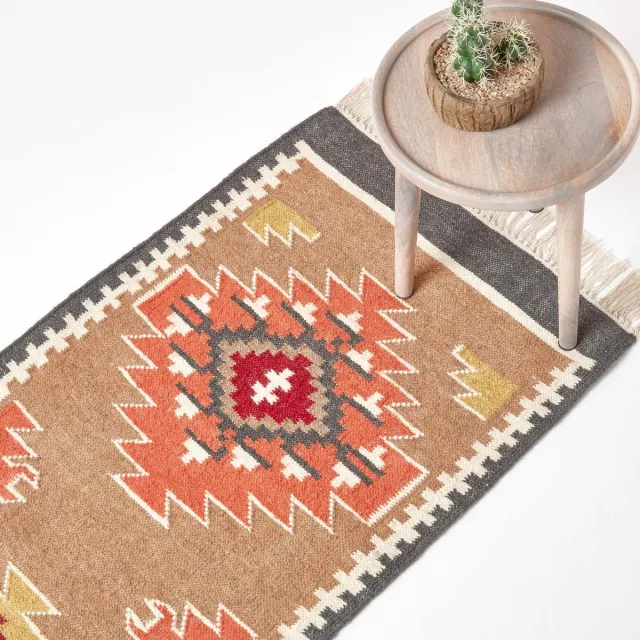 Homescapes Kilim loper Jaipur 66x200 cm – handgeweven tapijt van wol en katoen Kleurrijk: Bruin, Grijs, Oranje, Geel, Rood