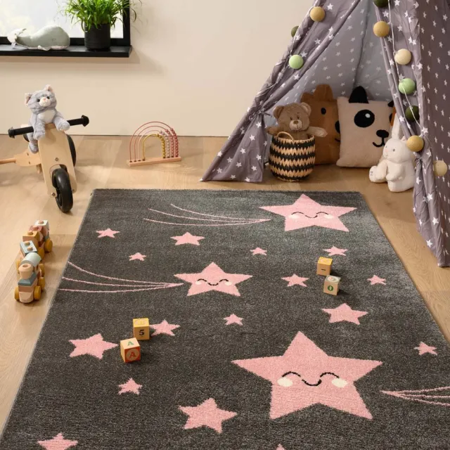 Tapeso Kindervloerkleed sterren - Adventures grijs/roze 80x150