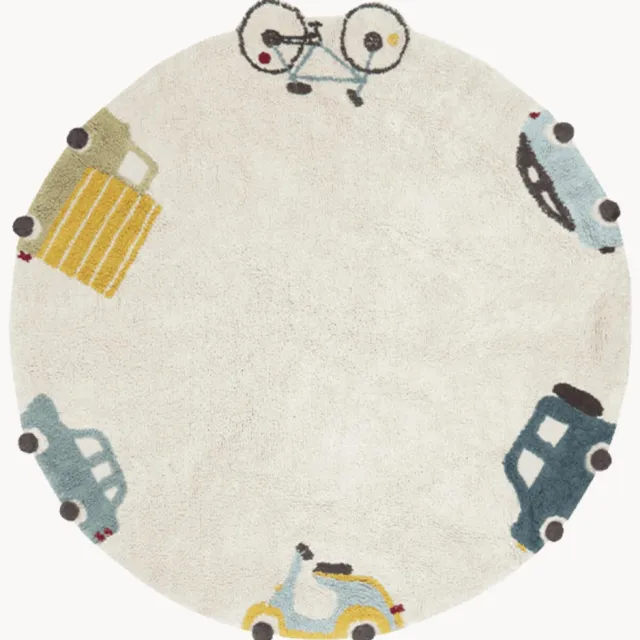 Lorena Canals Handgetuft rond kindervloerkleed Wheels met hoog-laag effect, wasbaar Beige, Kleurrijk