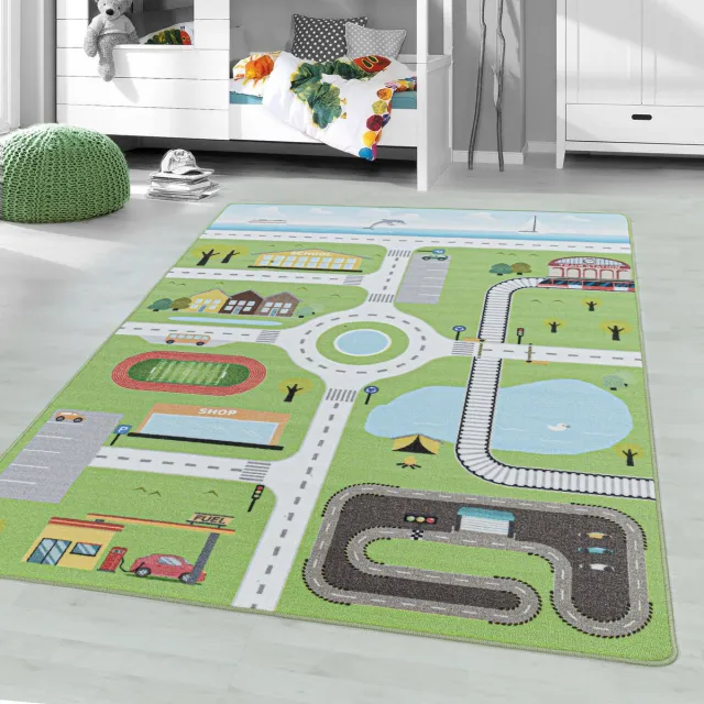 Muratap Play Vloerkleed Kinderkamer Verkeer Laagpolig Groen- 100x150 CM