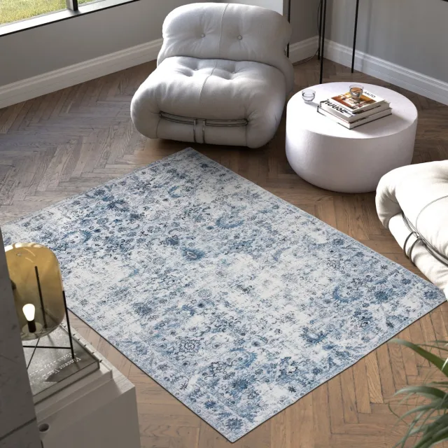 Tectake Vintage design tapijt - laagpolig vloerkleed - Boho vloerkleed - Voor woonkamer, slaapkamer, kinderkamer of tienerkamer - Wasbaar - 160cm x 230cm - blauw
