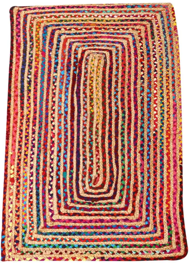 Casa Moro Rechthoekig jute vloerkleed – Handgemaakt boho tapijt van jute en katoen – Beige/bruin en kleurrijk – Esha