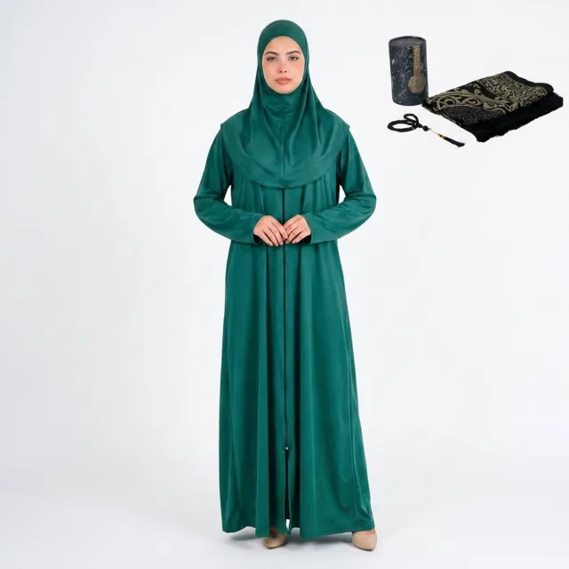 Firaset Dames Eendelige Gebedskleding met Hijab – Lange Abaya Kaftan + islamitische geschenkset met gebedskleed (seccade) en gebedskralen, cilindervormige doos – Made in Turkije Green