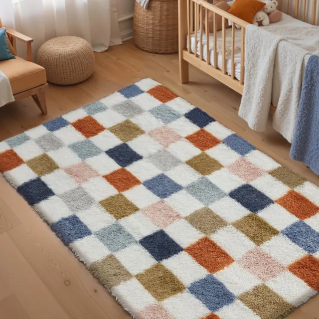 Unyqoos Hoogpolig en Zacht Geruit Tapijt met Antislip voor Woon- en Kinderkamer Multicolore Wit
