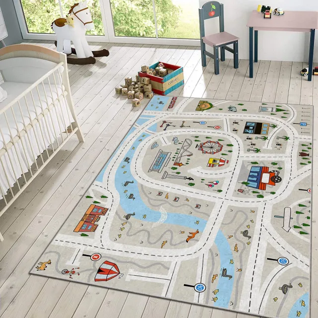Zeo Wood Vloerkleed Kinderkamer - Speelkleed Baby - Speelmat - Speeltapijt - Tapijt voor Kinderkamer - 150*80 cm - Pretparkstad