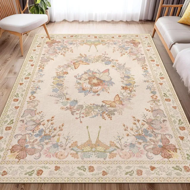 Unyqoos Wasbaar vintage vloerkleed met bloemenpatroon en antislip voor diverse ruimtes Amandel
