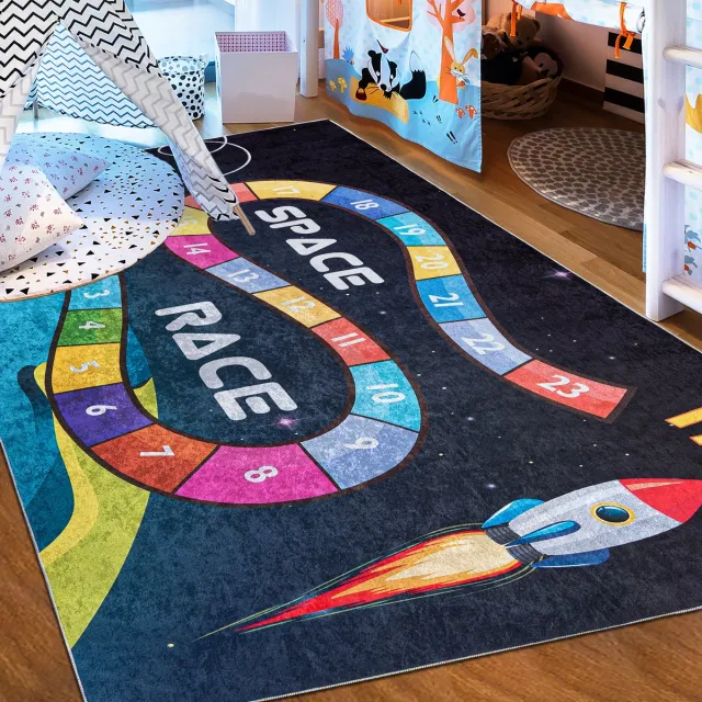 Mazovia Kleed Kinderkamer 140x200cm - Racebaan Kosmos, Wasbaar Zwart,Kleurrijk