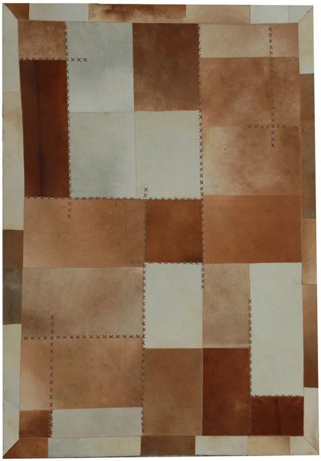 Padiro leren designvloerkleed - donkerbruin - geometrisch ruiten- en blokkenpatroon - patchwork - voor vloerverwarming - van leer en vilt