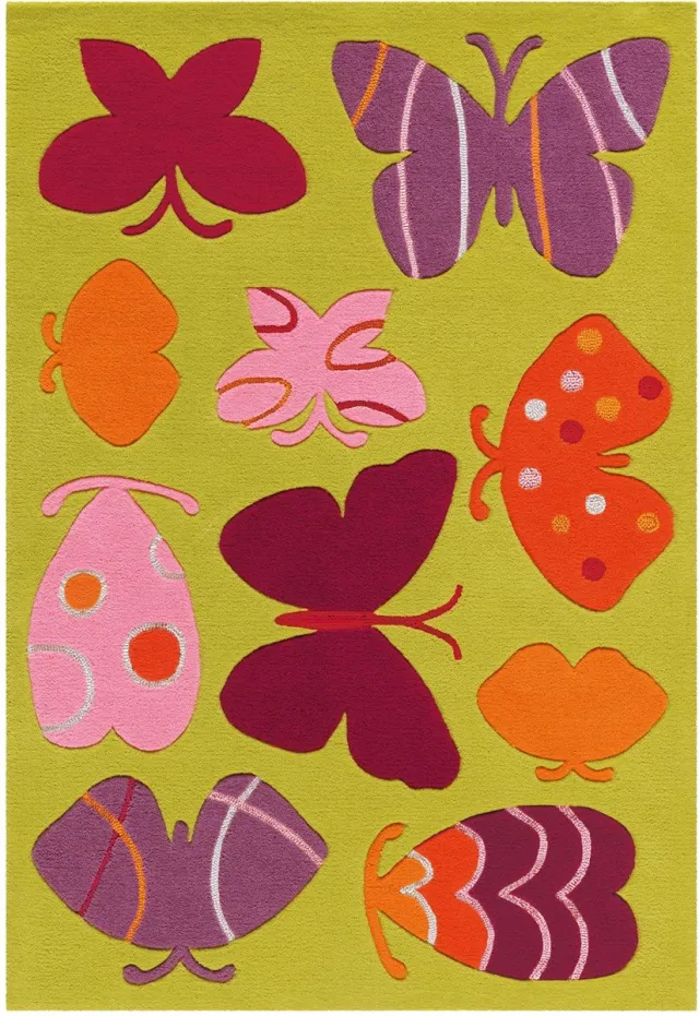 Padiro speels kindervloerkleed 110 x 160 cm - lichtgroen - speels kindermotief - met vlindermotief - met zonmotief - voor vloerverwarming - van modacryl, polyester en katoen