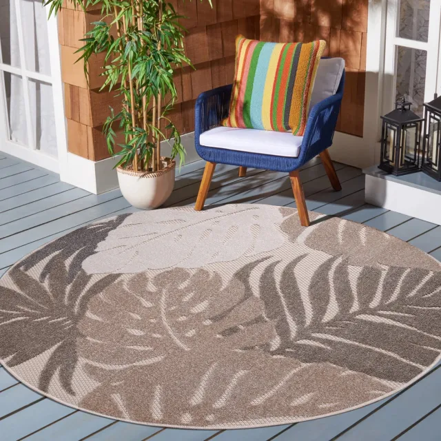 Muratap Floral Outdoor - Buitenkleed Tuin - Rond - Weerbestendig Vloerkleed - Beige
