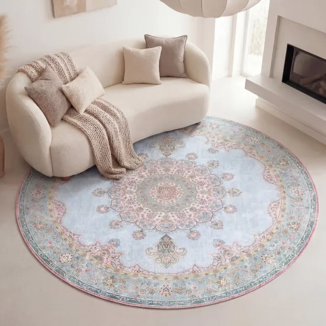 Fraai Rond vintage vloerkleed - Lily Medaillon Lichtblauw | Fleurig - Ø 280cm