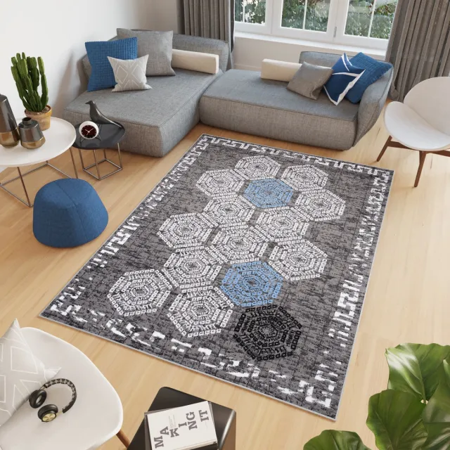 Tapiso Atena Vloerkleed Grijs Blauw Mozaïek Woonkamer Tapijt