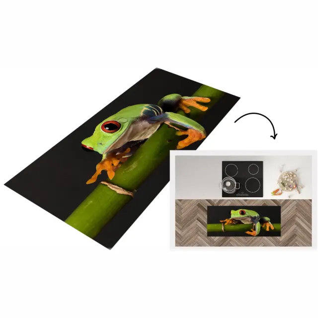 KitchenYeah Keukenloper - Loper keuken - Kikker - Bamboe - Zwart - Keukenloper vinyl Multicolor