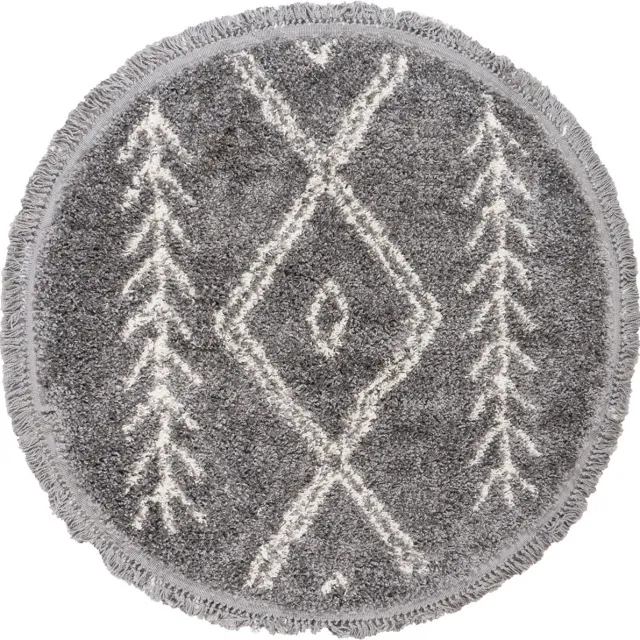 Veer Carpets Vloerkleed New Rabat Grey Rond ø120 cm - Berber Design Vloerkleed met Franjes – Modern / Bohemian Interieur Grijs