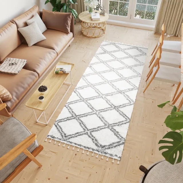 Tapiso Boho Loper Lichtbeige Grijs Hoogpolig Kwastjes Woonkamer Vloerkleed