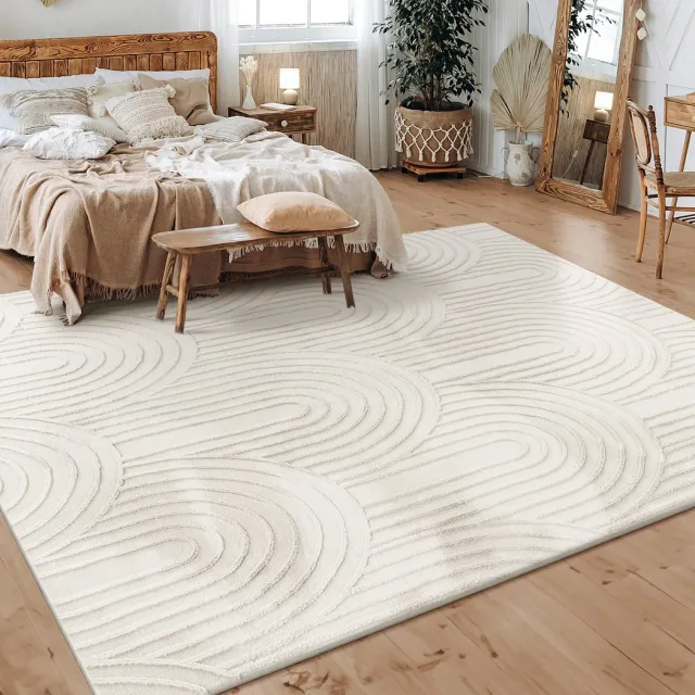 flycarpets Zacht fluffy vloerkleed - Lely Japandi Crème - 160x220 cm - Laagpolig Tapijt Woonkamer / Slaapkamer / Kinderkamer Creme