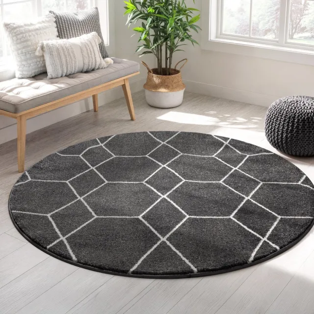 Muratap Trellis Uni Rond Laagpolig Vloerkleed Donkergrijs- 150 CM Ø