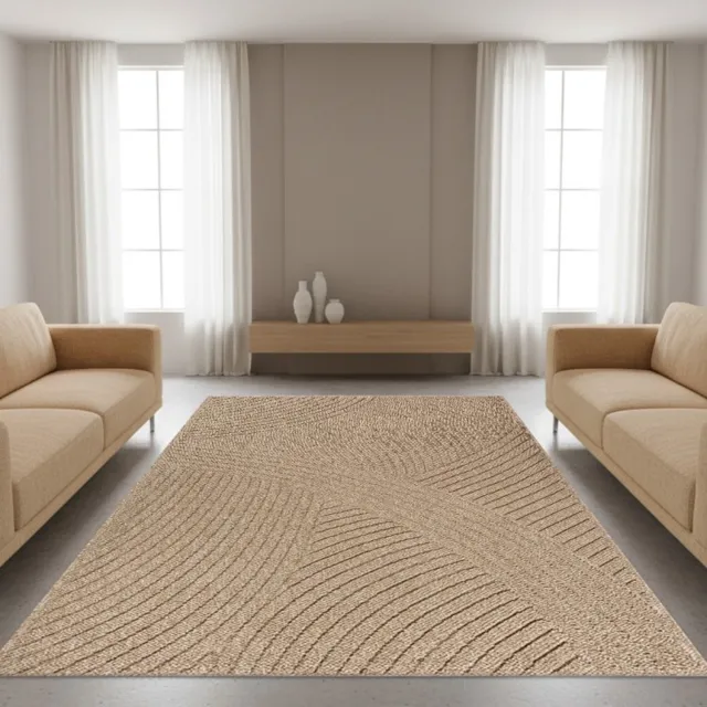 TapisTrend Designer tapijt Naturel 80x150 cm Natuurlijk binnen-/buitenkleed met verhoogde, gebogen lijnen en een abstract geometrisch patroon voor terras en woonkamer