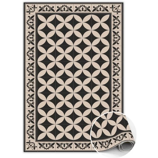 TULUP Vinyl Tapijt - Spaanse tegels Tapijt Vinyl - 140 x 210 cm - Zwart En Beige Vinylmat - PVC Floor Mat - PVC Vloer Mat - Slaapkamertapijt - Keukentapijt Zwart en Beige Spaanse Tegels