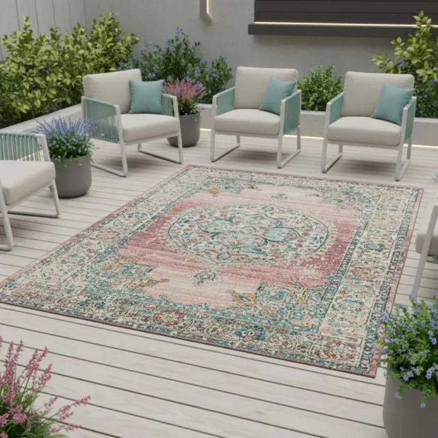 TapisTrend Designer tapijt Roze 200x290 cm Vintage oosters binnen-/buitenkleed met bloemenmedaillon voor woonkamer, terras en balkon