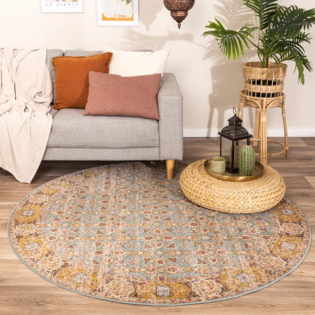 Fraai Rond vintage vloerkleed - Thirza Oriental Lichtblauw/Geel - Ø 240cm