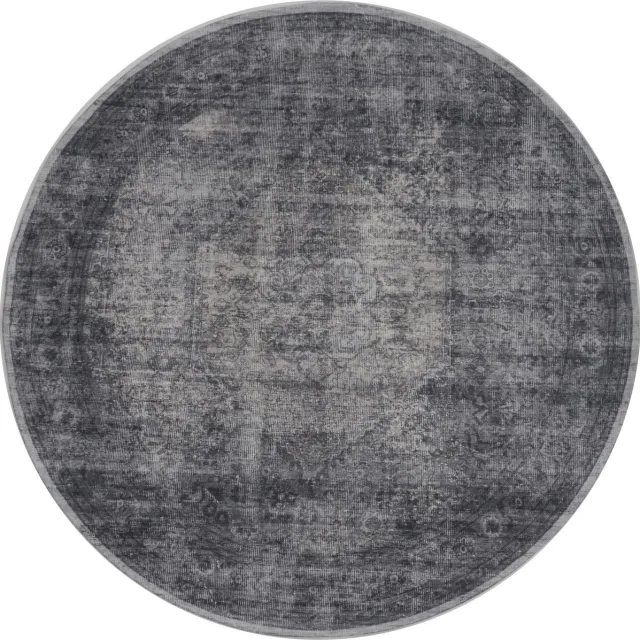 Veer Carpets Vloerkleed Madel Rond Grijs - Laagpolig Synthetisch Vloerkleed – Vintage / Oosters Design