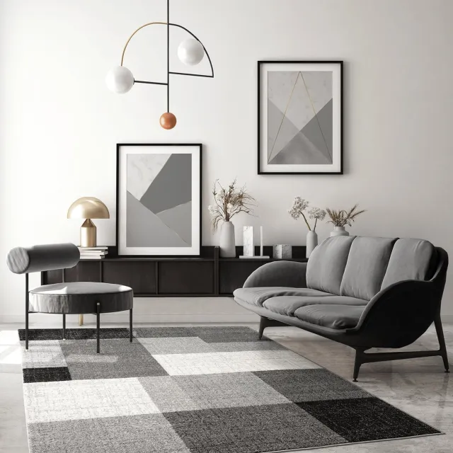 the carpet Modern design woon- of slaapkamer tapijt | Geometrische patronen - Tegels - Grijs 200x280 | Binnen - The Carpet PEARL grijs met blokpatroon