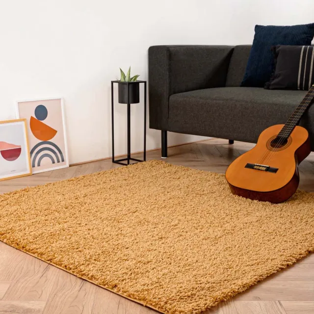 Tapeso Vierkant hoogpolig vloerkleed - Shaggy Trend goud 200x200