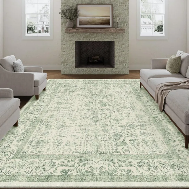 Ibenzoa Vintage Wasbaar Vloerkleed 240 x 300 cm voor Woonkamer en Slaapkamer met Retro Design groen