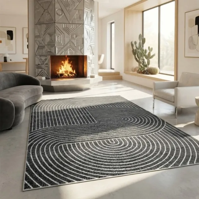 TapisTrend Designer tapijt Antraciet 160x220 cm Modern buitenkleed met concentrische lijnen en geometrische gebogen vormen voor terras, balkon en woonkamer