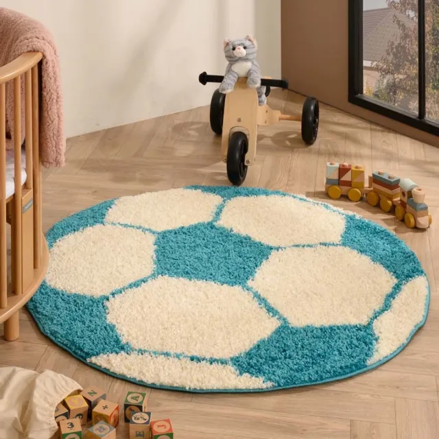 TrueWeave Voetbal vloerkleed rond - Sports crème/turquoise 100