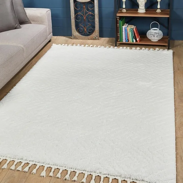 Woodman Carpet MOEFLON - Creme - 160x220cm, Hoogpolig vloerkleed met franjes
