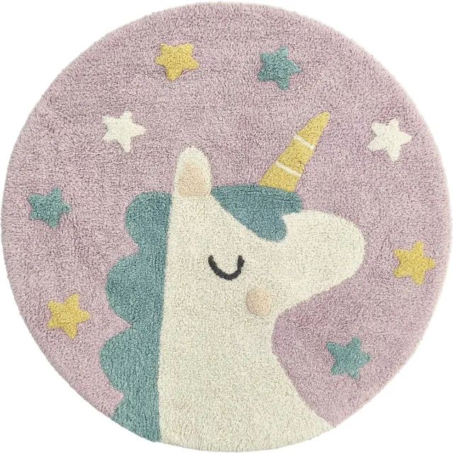 Mats & Joy Rond Unicorn Kinderkamer Vloerkleed Ø 100 cm - Katoen - Wasbaar - Zacht Kindertapijtje - Eenhoorn Kinderkamer Tapijt - Cotton Collection Lila