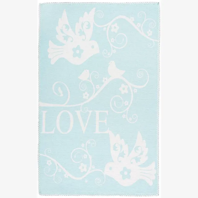Padiro speels kindervloerkleed - turquoise - speels kindermotief - met duiven - LOVE-motief - voor vloerverwarming - van polyester en katoen blauw
