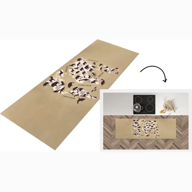 KitchenYeah Keukenloper - Loper keuken - Wereldkaart - Dieren - Zwart - 180x60 cm - Keukenloper vinyl Multicolor