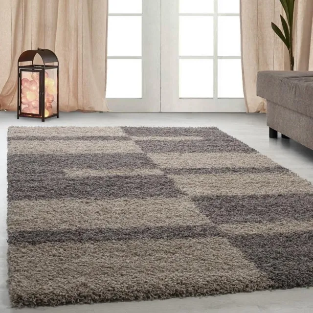 Adana Carpets Hoogpolig vloerkleed met ruitpatroon, taupekleur, geschikt voor de woonkamer, met jute achterkant, afmeting: 60 x 110 cm