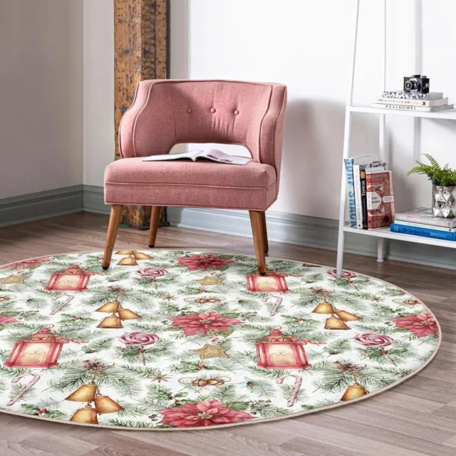 De Groen Home Rond Vloerkleed Ø120cm - Kerstbel & Kerstklok - Wasbaar Antislip - Laagpolig Tapijt - Christmas - Kerst Decor Wit