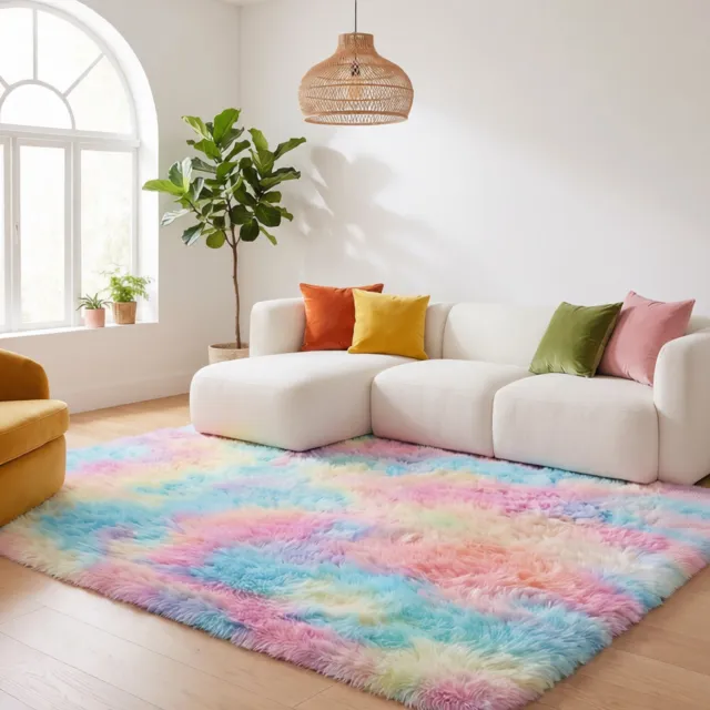 RALA Hoogpolig Vloerkleed Regenboog 160 x 230 cm - Zacht Langharig Pluche Kleed voor Woonkamer, Slaapkamer en Kinderkamer Roze