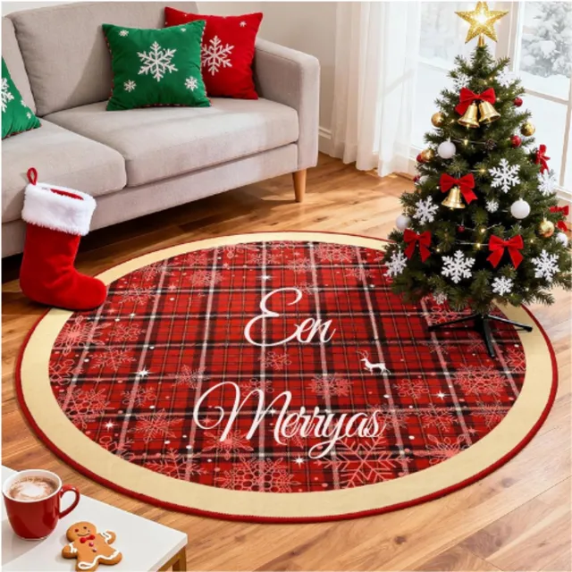 BOG Kerst Sneeuwvlokken Vloerkleed - Rond Wasbaar Anti-Slip Tapijt - 120 cm Dun Rond Rood Vloerkleed