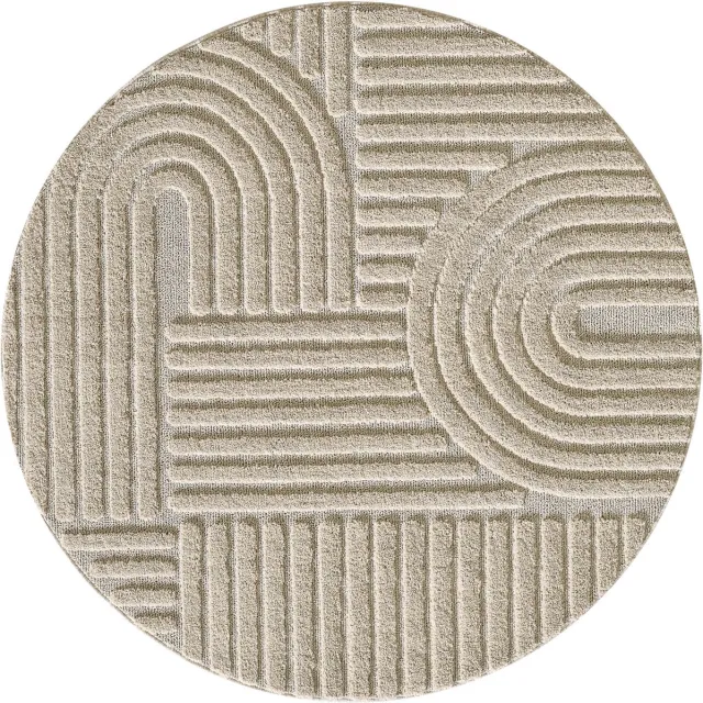flycarpets Arte Laagpolig Vloerkleed, Japandi Stijl, Kleur Beige , Vloerkleed / Tapijt voor Woonkamer, Jute achterkant 160cm ⌀ rond