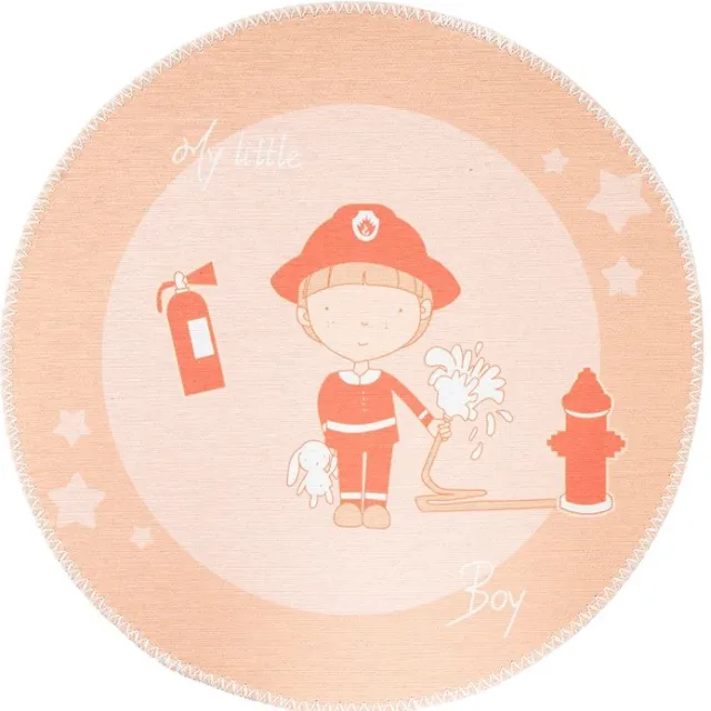 Padiro rond speels kindervloerkleed Ø 160 cm - oranje - speels kindermotief - met brandweermotief - voor vloerverwarming - van polyester en katoen