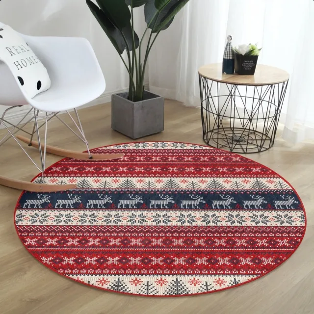 De Groen Home Rond Vloerkleed Ø120cm - Rendieren - Wasbaar Antislip Laagpolig Tapijt - Christmas - Kerst Decor - Rood/Wit
