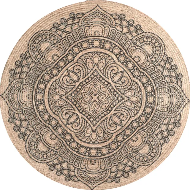 ECarpet Rumba 3083- Rond 80cm Ornamental vloerkleed bohemien tapijt handgezaagde gerecycleerd katoen Beige